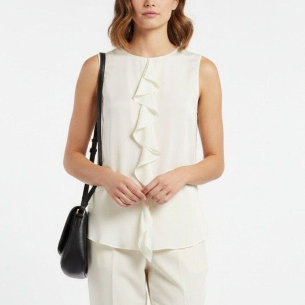 Theory 100% Silk Ivory Cream Sleeveless Ruffle Front Button Up Blouse Top S